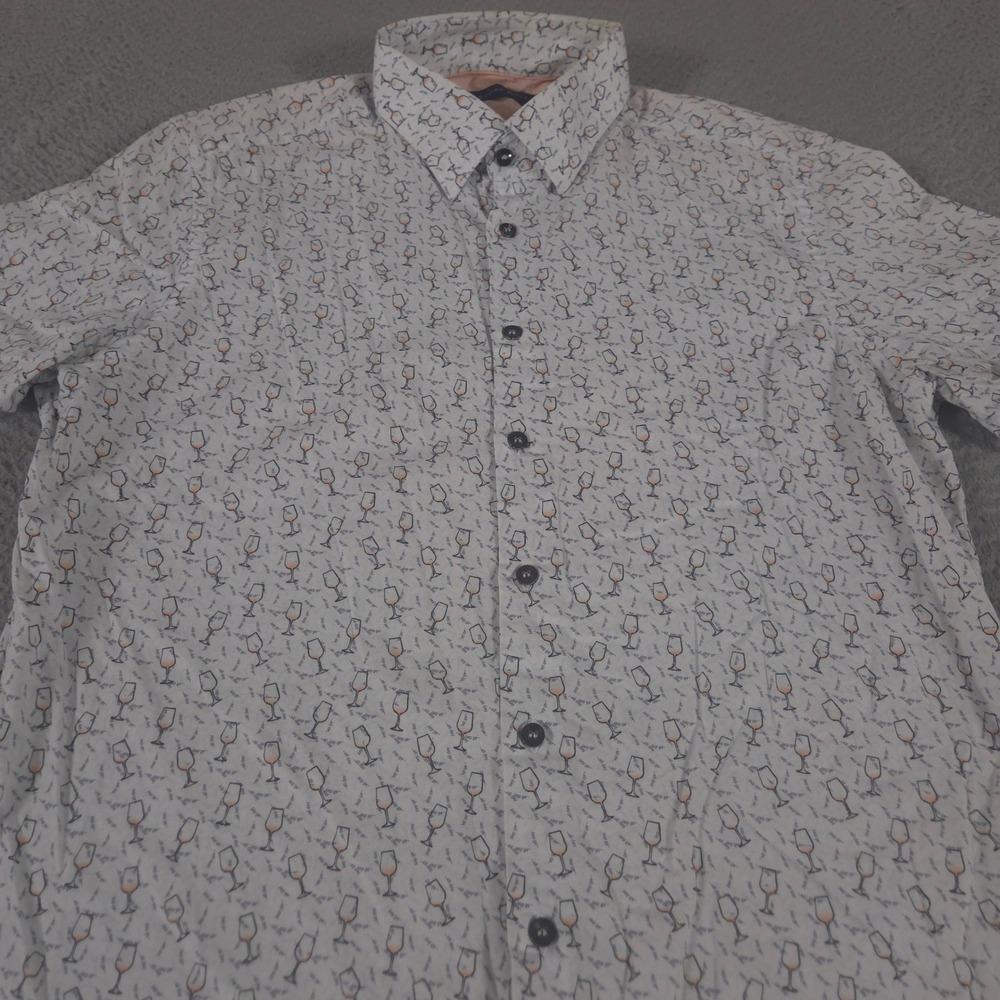 Stone Rose Shirt Mens L White Wine Glass Print Stretch Button Up Short Sleeve